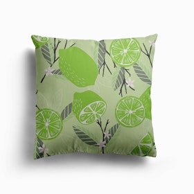 Lime Pattern With Floral Decoration On Pastel Green Canvas Cushion