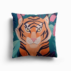 Tiger Portrait With Florals On Green Canvas Cushion