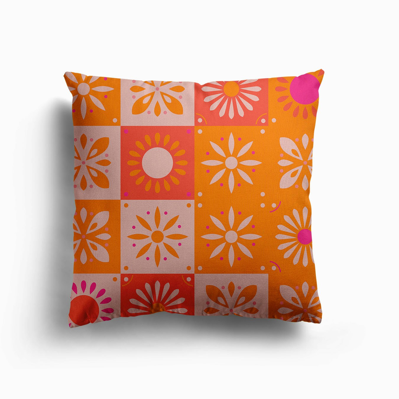 Traditional Portuguese Tiles In Bright Pink And Orange With Floral Motifs Canvas Cushion by BlueLela