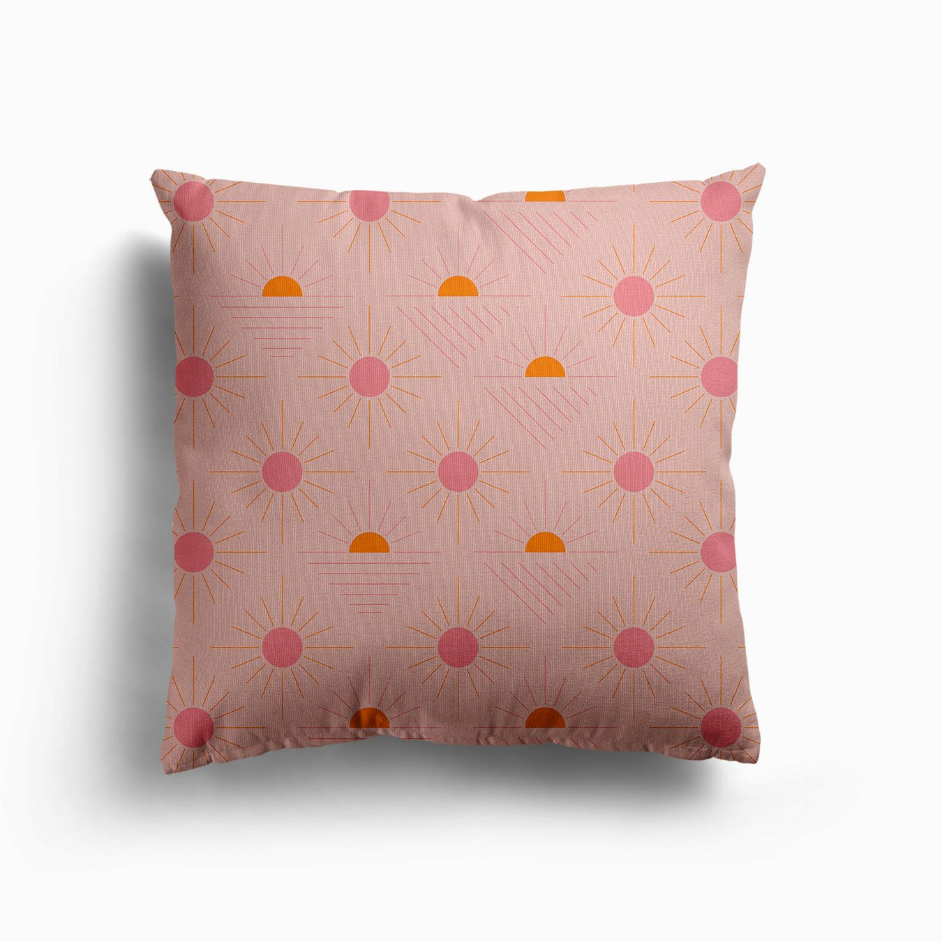 Geometric Pattern With Pink And Orange Sunshine On Light Pink Canvas Cushion by BlueLela