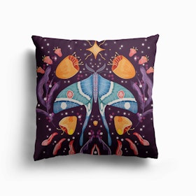 Night Blue Moth On Floral Purple Background And Decoration Canvas Cushion