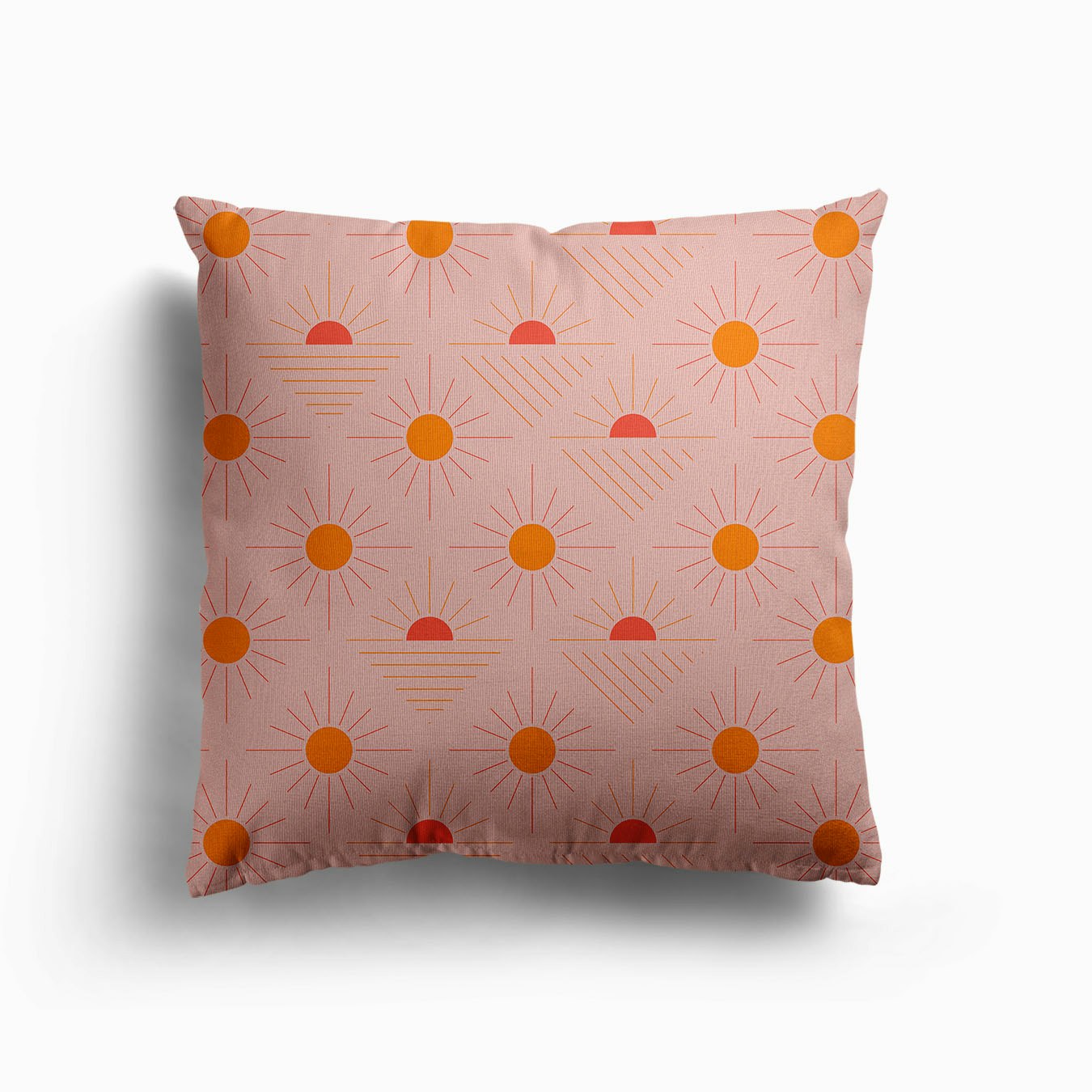 Geometric Pattern With Bright Orange Sunshine On Light Pink Canvas Cushion by BlueLela
