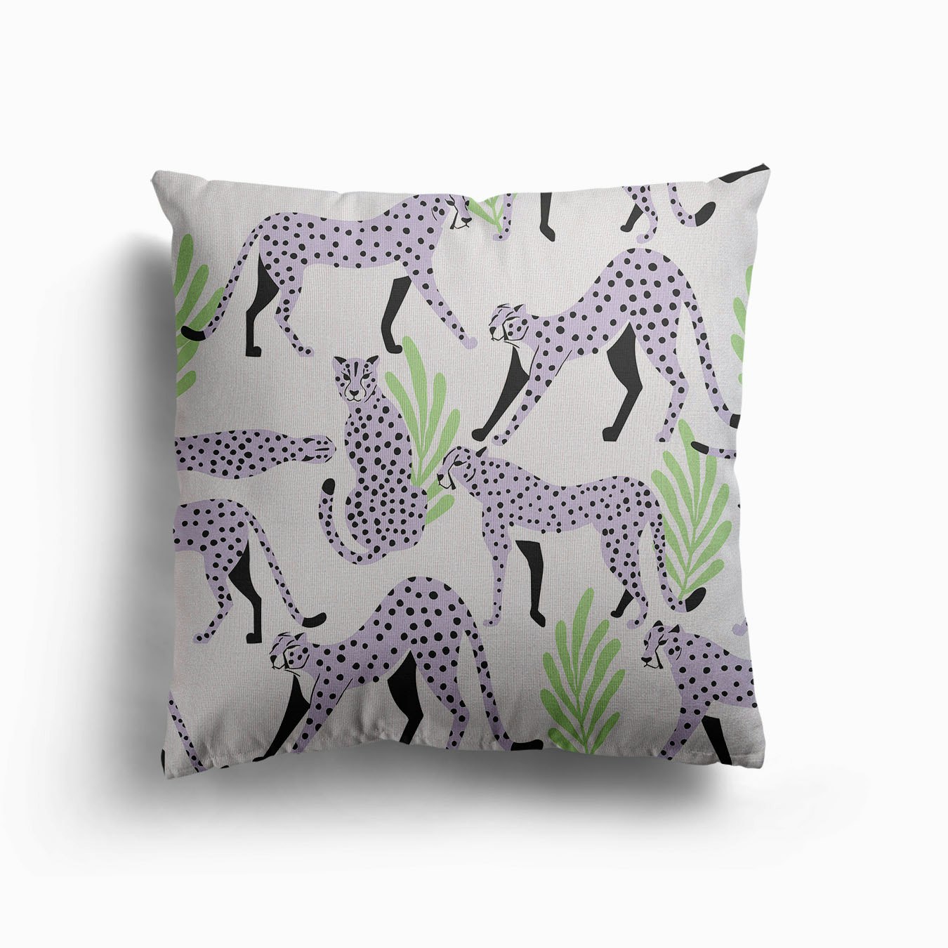 Tropical Light Purple Cheetah Pattern On White With Green Florals Canvas Cushion by BlueLela