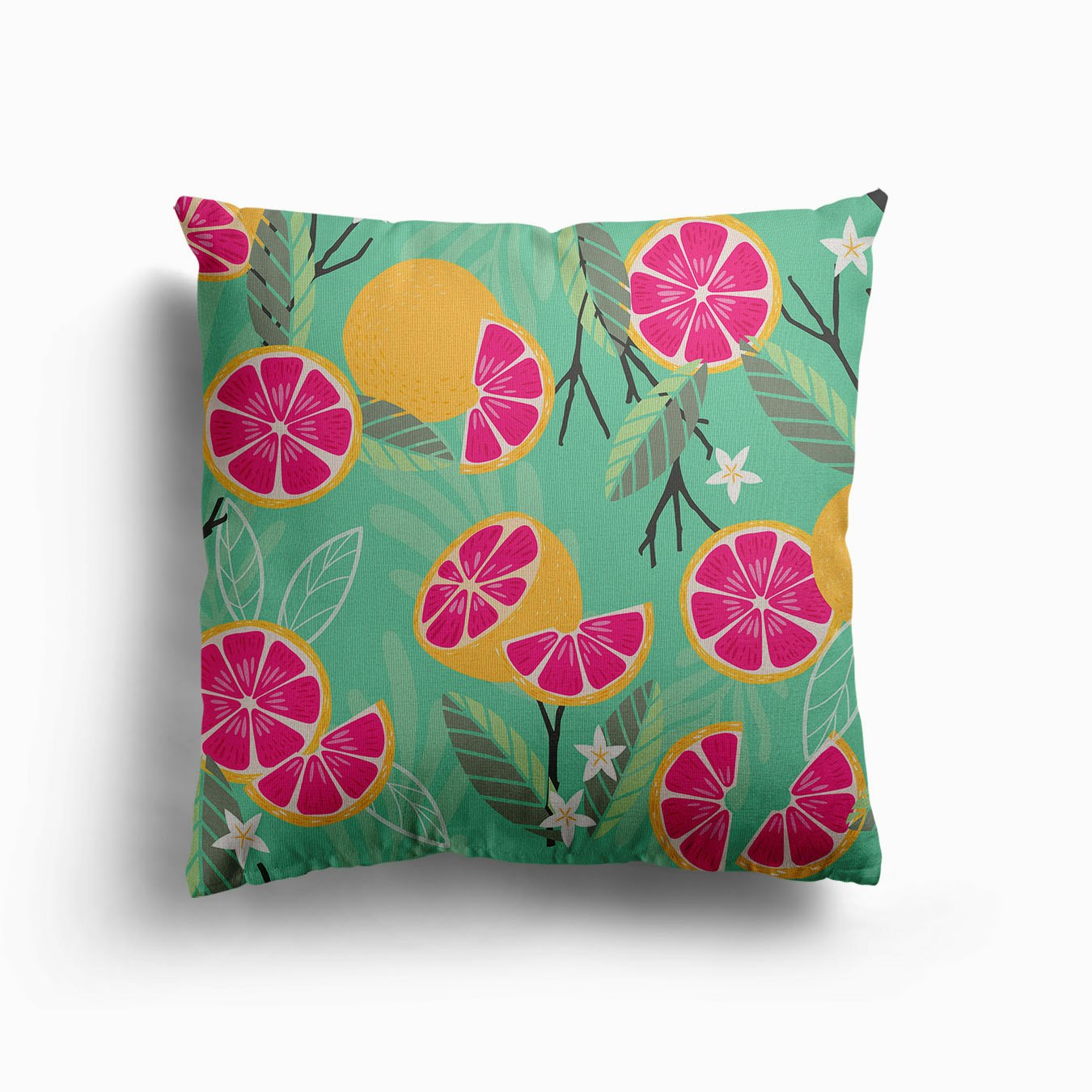 Grapefruit Pattern With Florals And Branches On Green Canvas Cushion by BlueLela