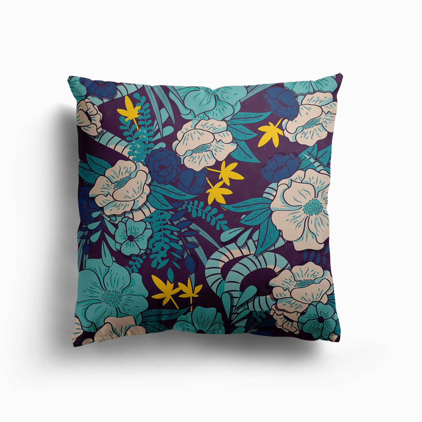 Flower And Floral Pattern On Purple With Blue And Yellow Decoration Canvas Kissen