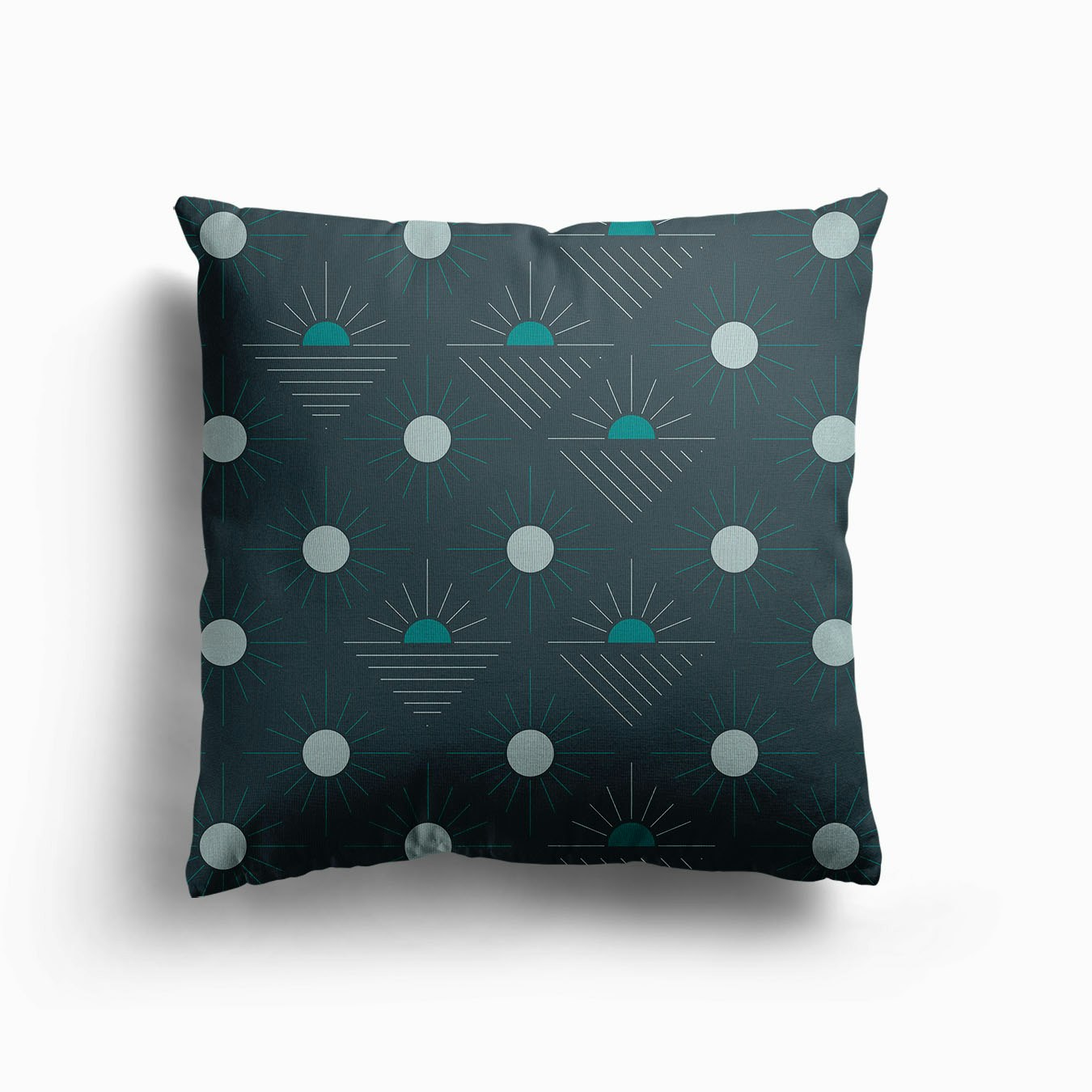 Geometric Pattern With Green And Light Blue Suns On Dark Blue Canvas Cushion by BlueLela