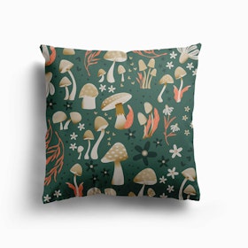 Mushrooms And Flowers On Green Canvas Cushion