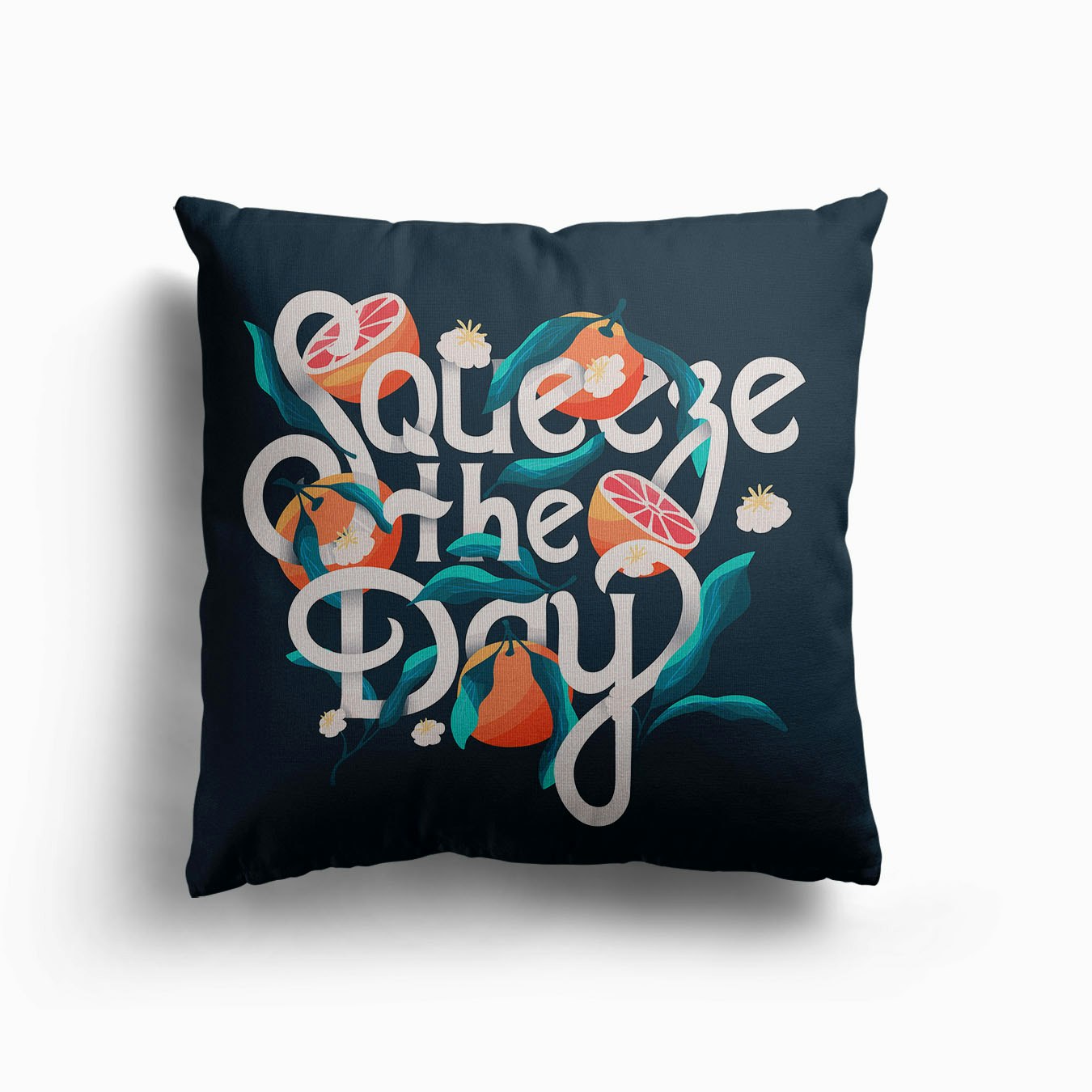 Squeeze The Day Hand Lettering With Oranges On Blue Canvas Cushion by BlueLela