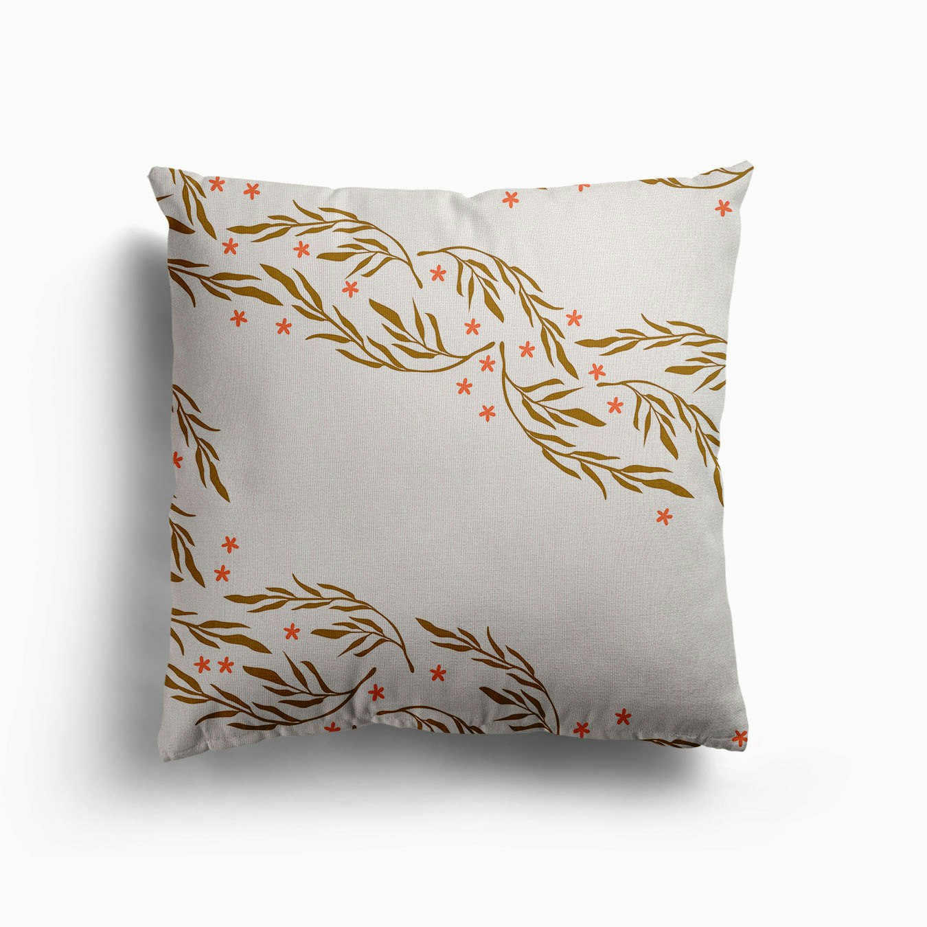 Golden Florals Pattern On White With Coral Flowers Canvas Cushion by BlueLela