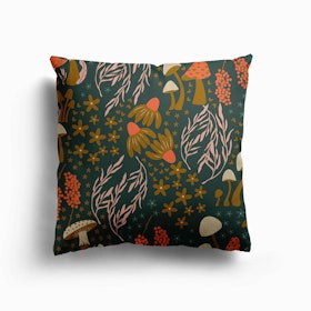 Golden Mushroom Pattern On Green Canvas Cushion