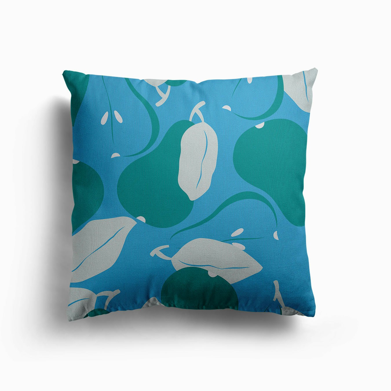 Pattern With Green Pears On Blue Canvas Cushion by BlueLela