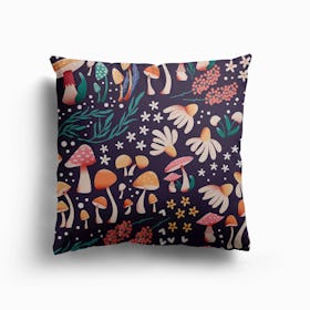 Mushrooms And Flower Pattern On Purple Canvas Cushion