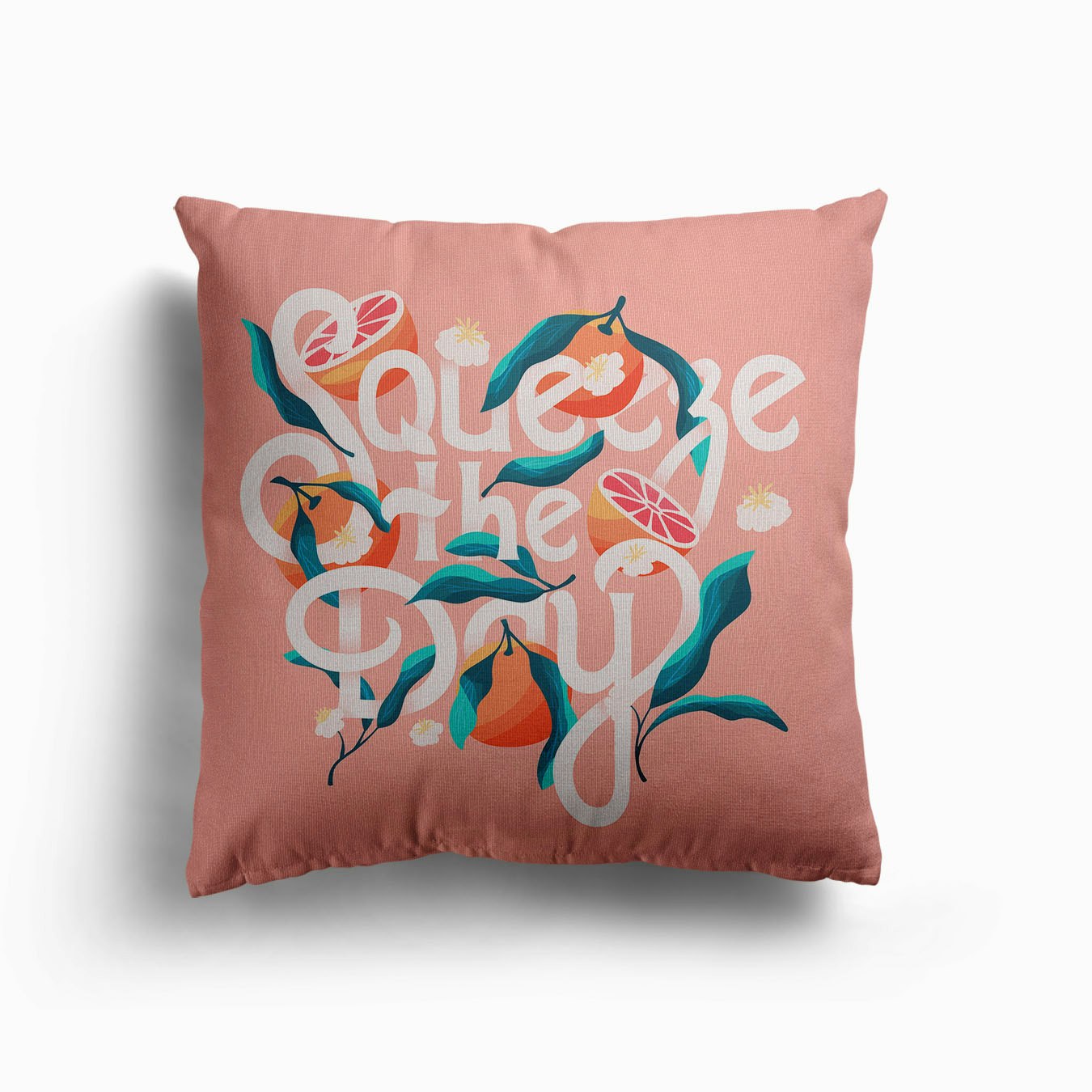 Squeeze The Day Hand Lettering With Oranges On Pink Canvas Cushion by BlueLela
