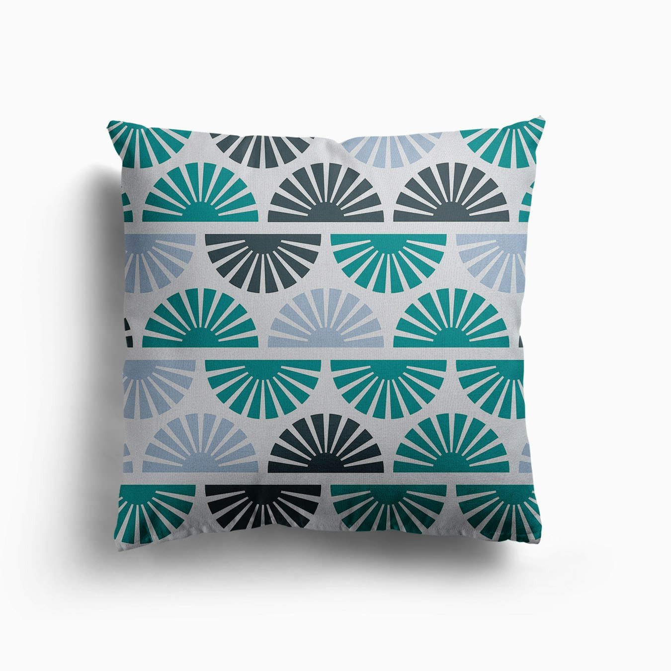 Geometric Pattern With Blue And Green Sunrise On Light Blue Canvas Cuscino