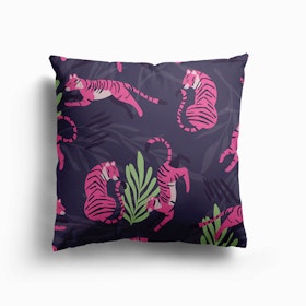 Pink Tiger Pattern On Purple With Floral Decoration Canvas Cushion