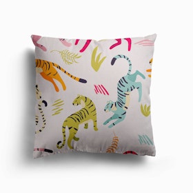 Colorful Tiger Pattern On White With Floral Decoration Canvas Cushion