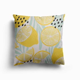 Lemon Pattern On White With Florals Canvas Cushion