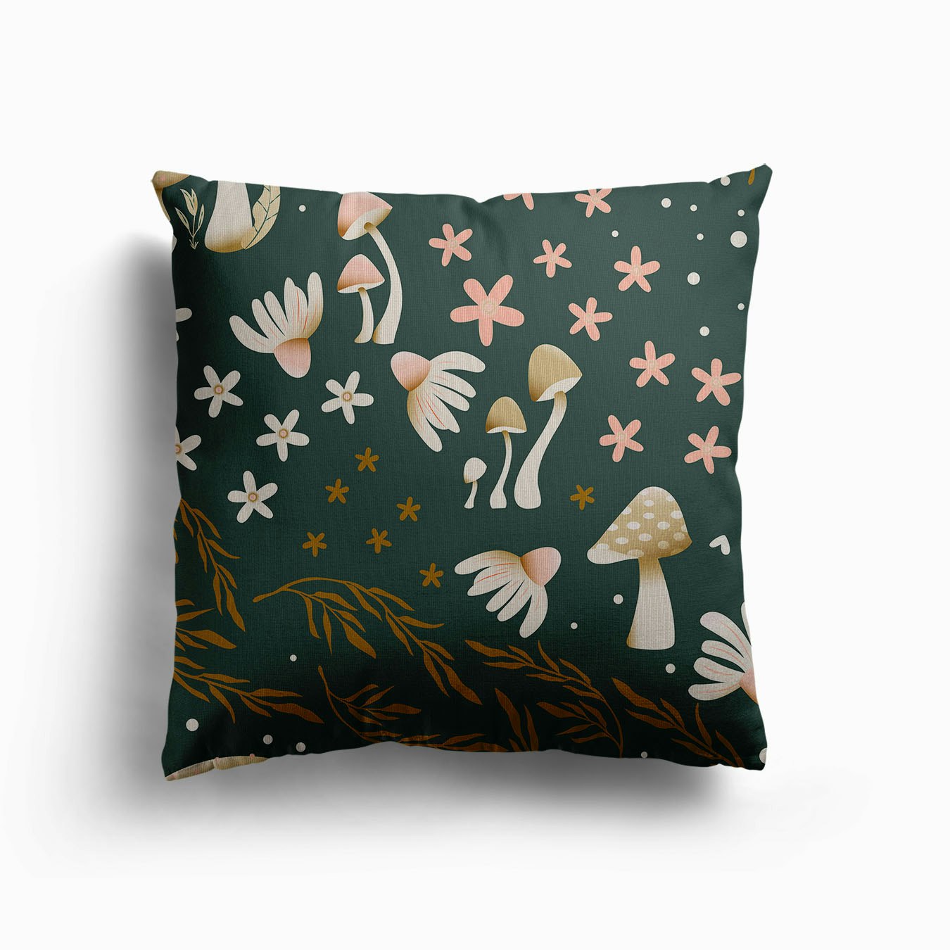 Mushroom Pattern On Green With Florals Canvas Cushion by BlueLela