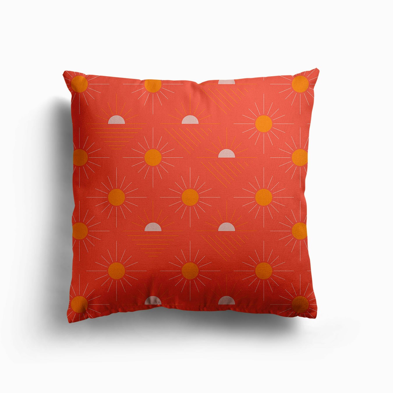 Geometric Pattern With Light Pink And Orange Sunshine On Vibrant Red Canvas Coussin