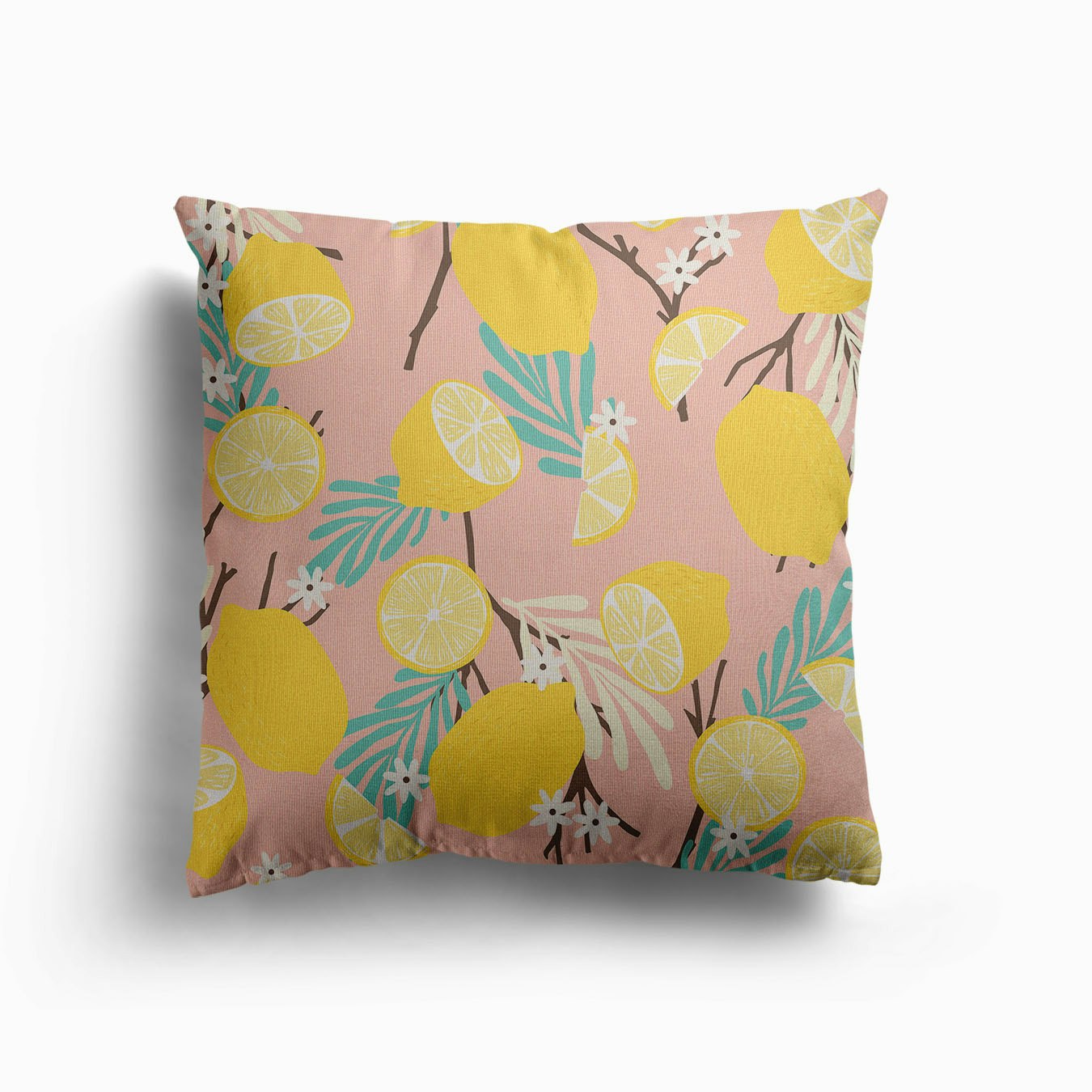 Lemon Pattern On Pink With Colorful Florals Canvas Cushion by BlueLela
