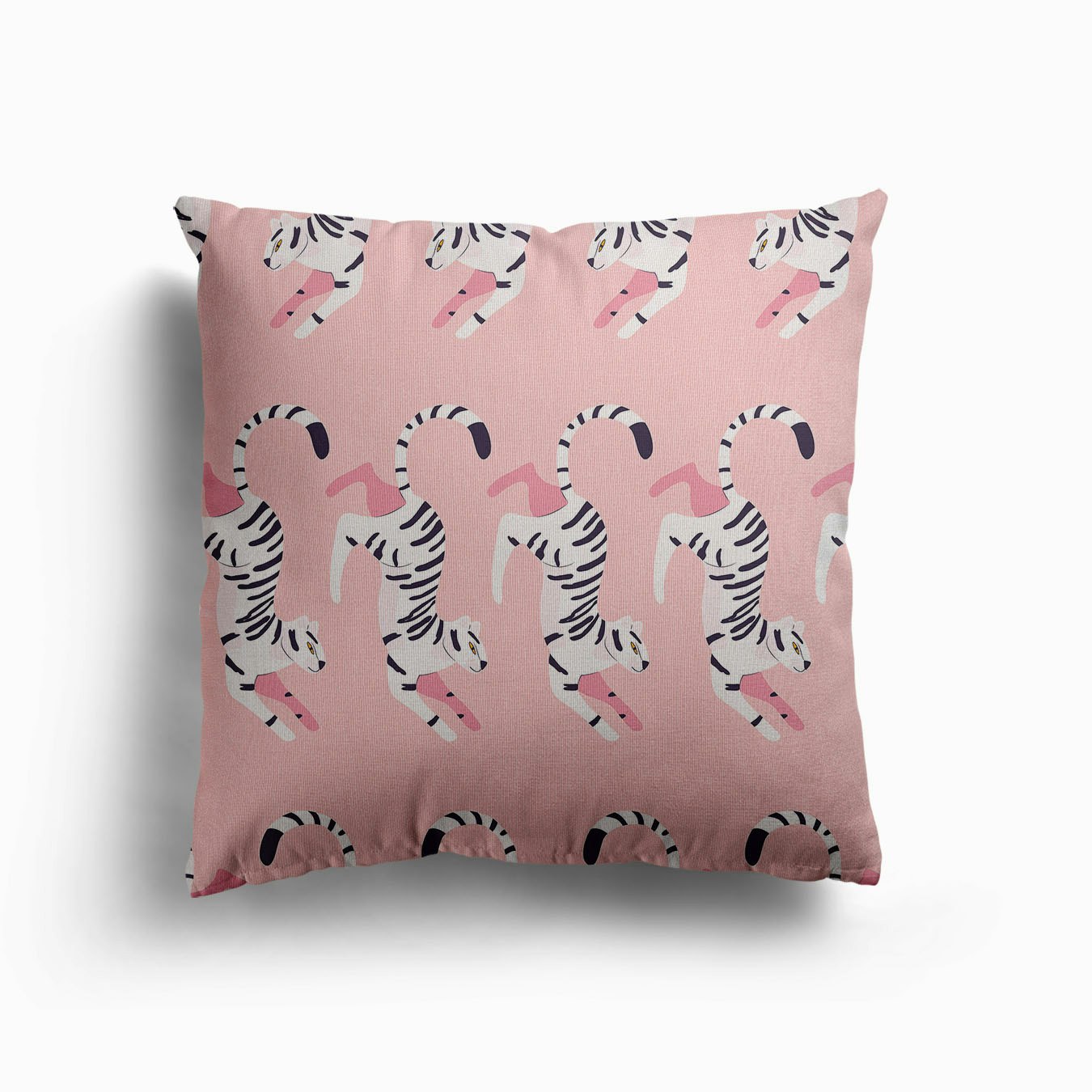 Prancing White Tiger Pattern On Pink Canvas Cushion by BlueLela