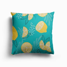 Lemon Pattern With Floral Decoration Canvas Cushion