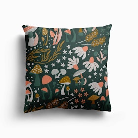 Mushrooms And Flower Pattern On Green Canvas Cushion