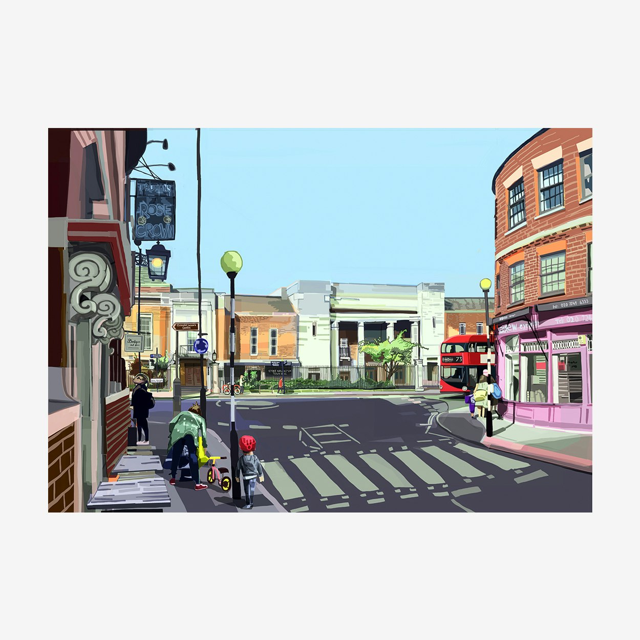 Stoke Newington Town Hall Art Print Poster Framed Option Blue Urban Style for Wall