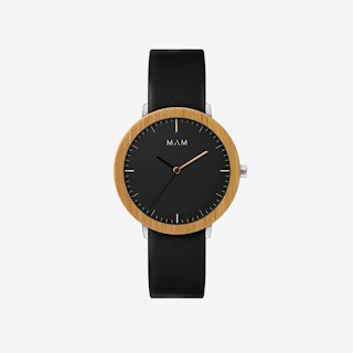 Ferra Bamboo Watch in Black Face and Black Leather Stripe 39mm