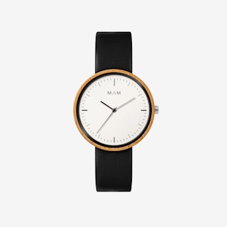 Plano Wooden Watch in White Face and Black Leather Stripe 39mm