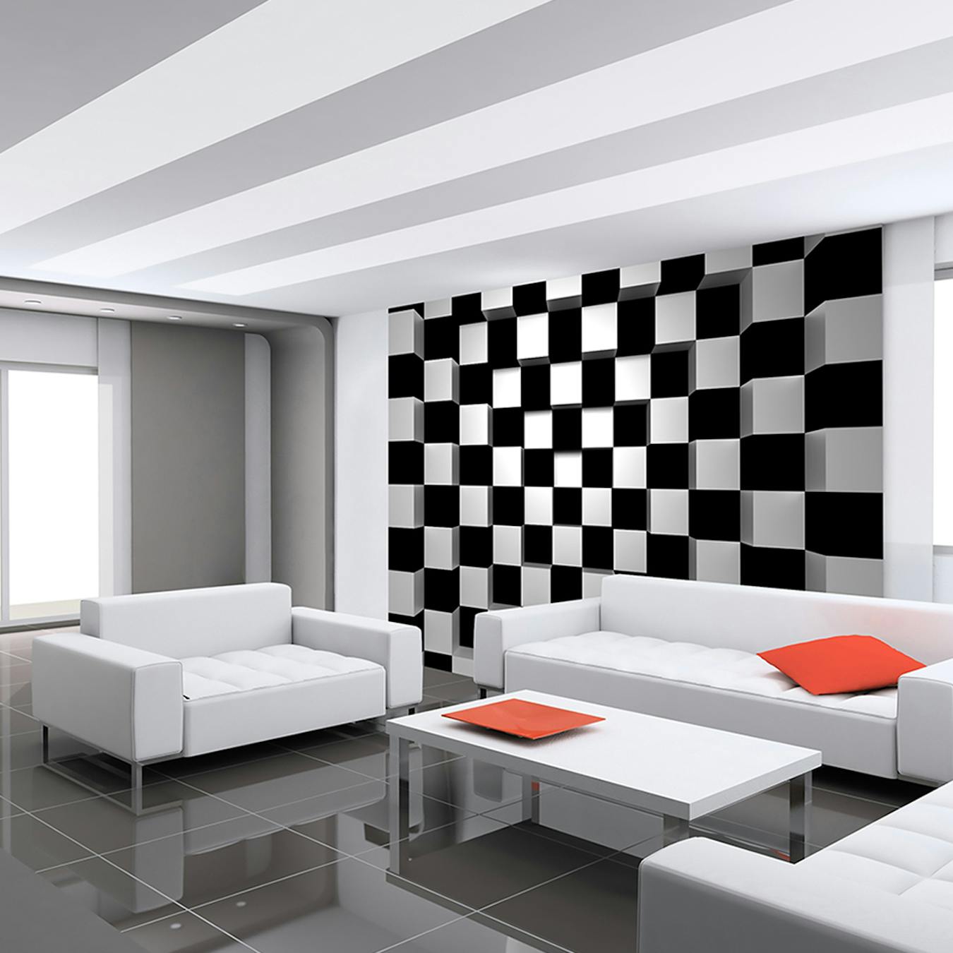 Стена квадратики. Комната в шахматном стиле. Цветовые иллюзии в интерьере. Черно белый интерьер комнаты. Черно белые стены в интерьере.