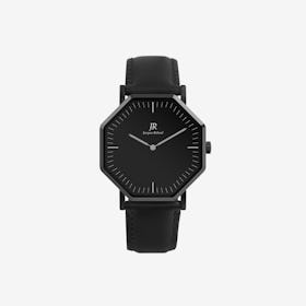 Classic Black Hexagonal Watch with Black Leather Strap, 44mm