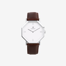 Silver Hexagonal Watch with Dk Brown Leather Strap, 44mm