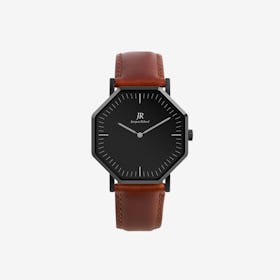 Black Hexagonal Watch with Brown Leather Strap