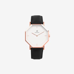 Unisex Rose Gold Hexagonal Watch with Black Leather Strap, 41mm