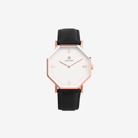 Rose Gold Hexagonal Watch with Black Leather Strap, 41mm