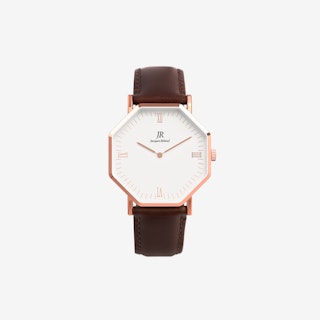 Lumiere Rose Gold Hexagonal Watch with Dark Brown Leather Strap
