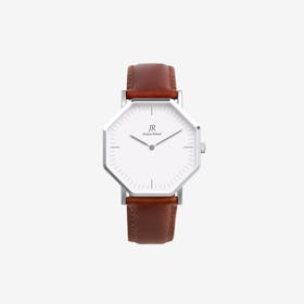 Premier Classic Silver Hexagonal Watch with Brown Leather Strap 41mm