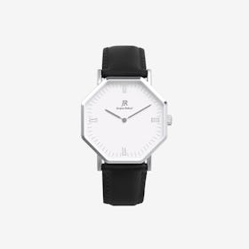 Premier Roman Silver Hexagonal Watch with Black Leather Strap 44mm