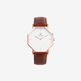Lumiere Intense Classic Rose Gold Hexagonal Watch with Brown Leather Strap 41mm