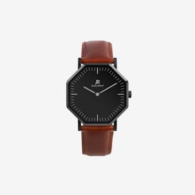 Nuit Noir Classic Black Hexagonal Watch with Brown Leather Strap 41mm