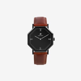 Nuit Noir Roman Black Hexagonal Watch with Brown Leather Strap 41mm