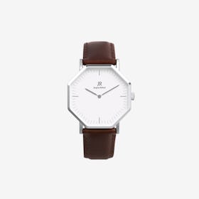 Premier Classic Silver Hexagonal Watch with Dk Brown Leather Strap 41mm