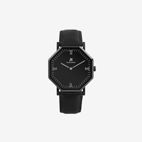 Nuit Noir Roman Black Hexagonal Watch with Black Leather Strap 41mm