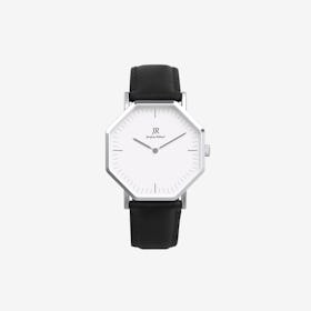 Premier Classic Silver Hexagonal Watch with Black Leather Strap 41mm
