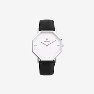 Premier Classic Silver Hexagonal Watch with Black Leather Strap 41mm