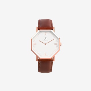 Lumiere Intense Roman Rose Gold Hexagonal Watch with Brown Leather Strap 41mm