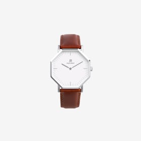 Premier Classic Silver Hexagonal Watch with Brown Leather Strap 36mm