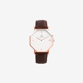 Lumiere Intense Roman Rose Gold Hexagonal Watch with Dk Brown Leather Strap 36mm