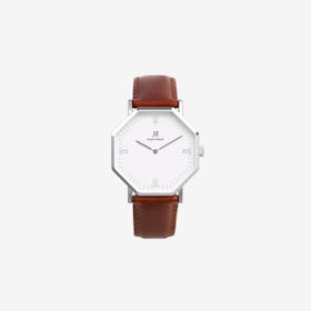 Premier Roman Silver Hexagonal Watch with Brown Leather Strap 36mm